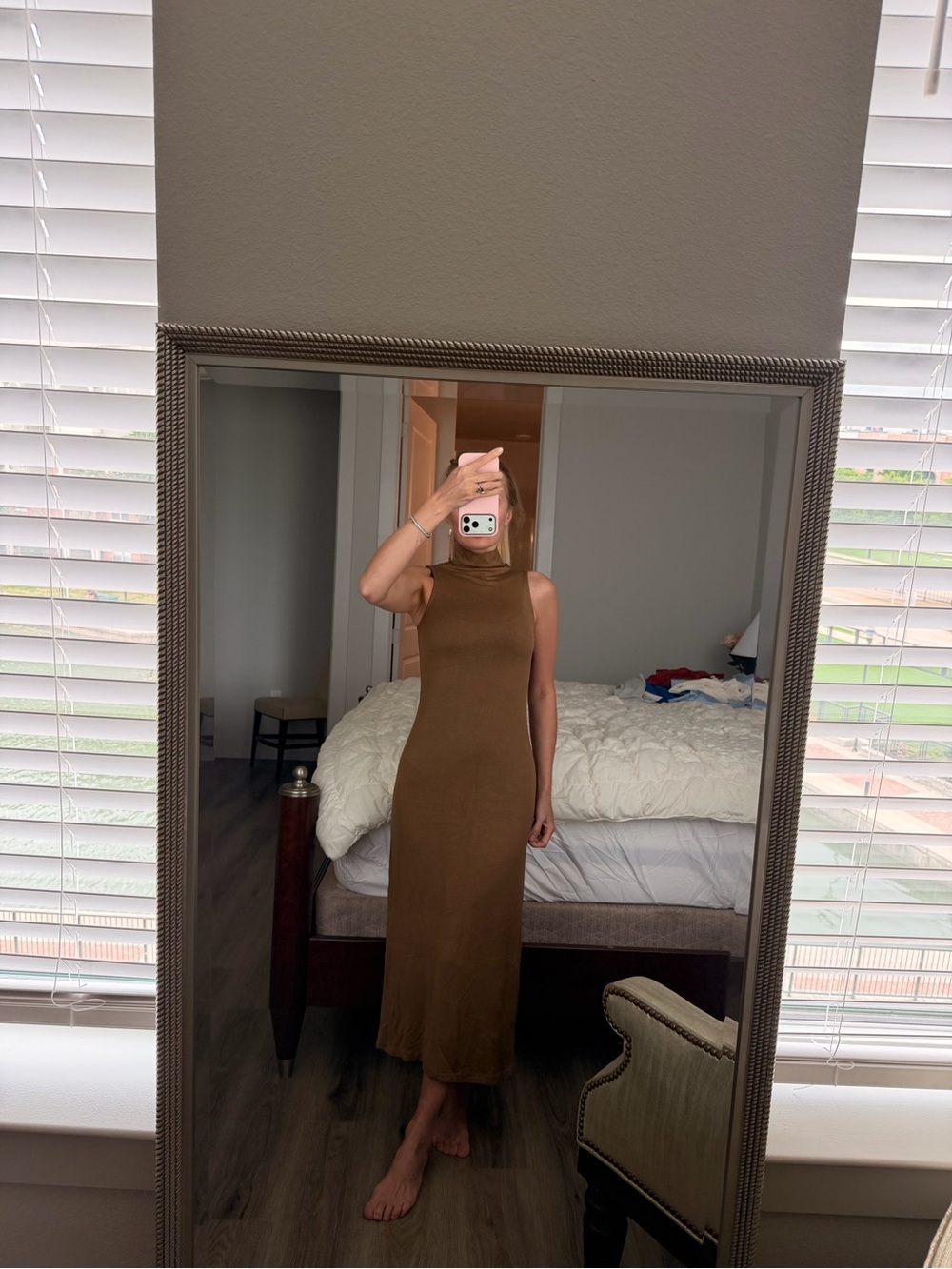 Vince Sleeveless Tan-Brown Maxi Dress with High Neck